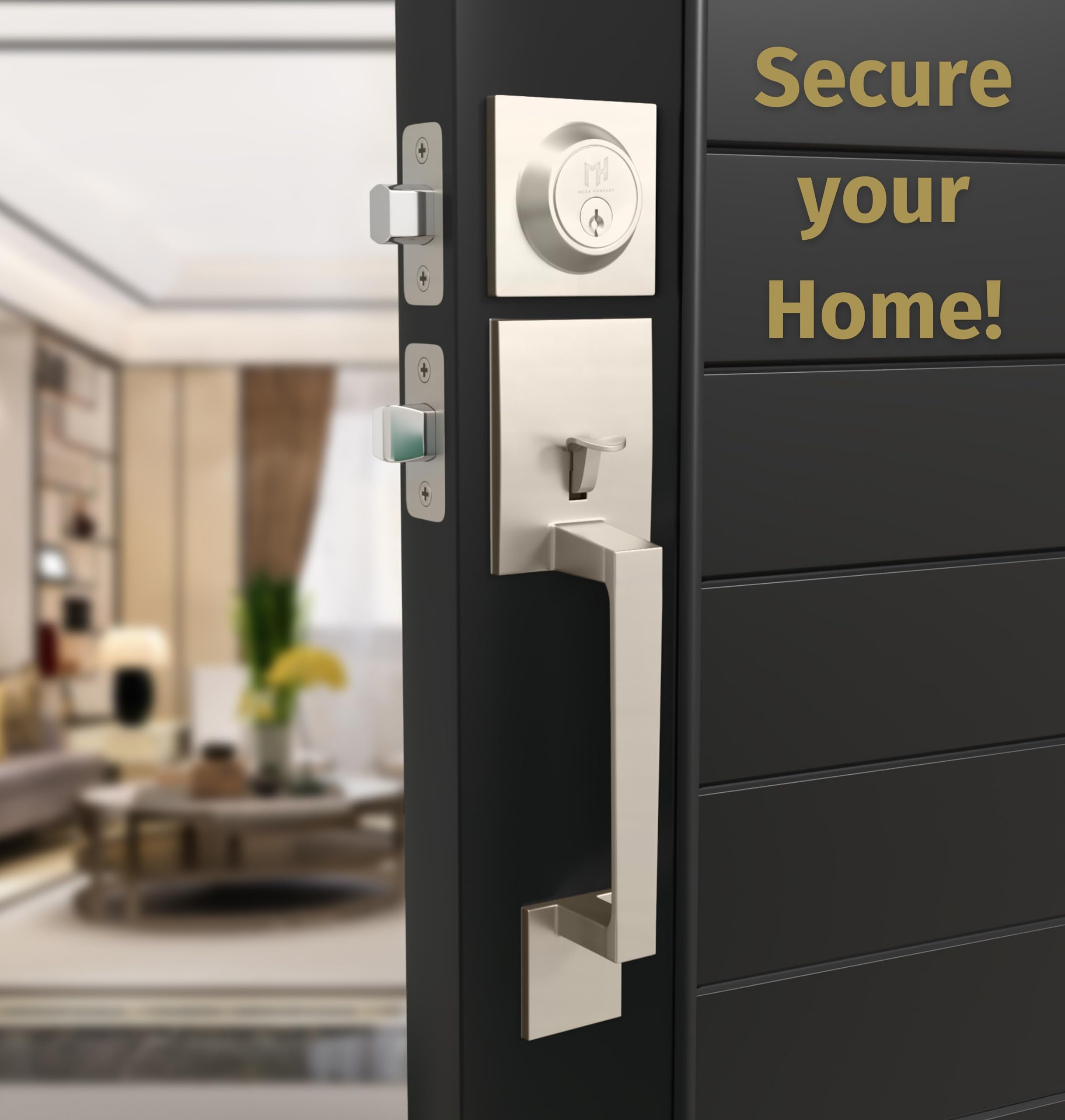 Mega Handles - TOBELLE Silver Entry Door Handleset - Single Cylinder Handleset with Lever for Entrance and Front Doors - Modern Door Handles for Left and Right-Handed Doors - Straight Handle