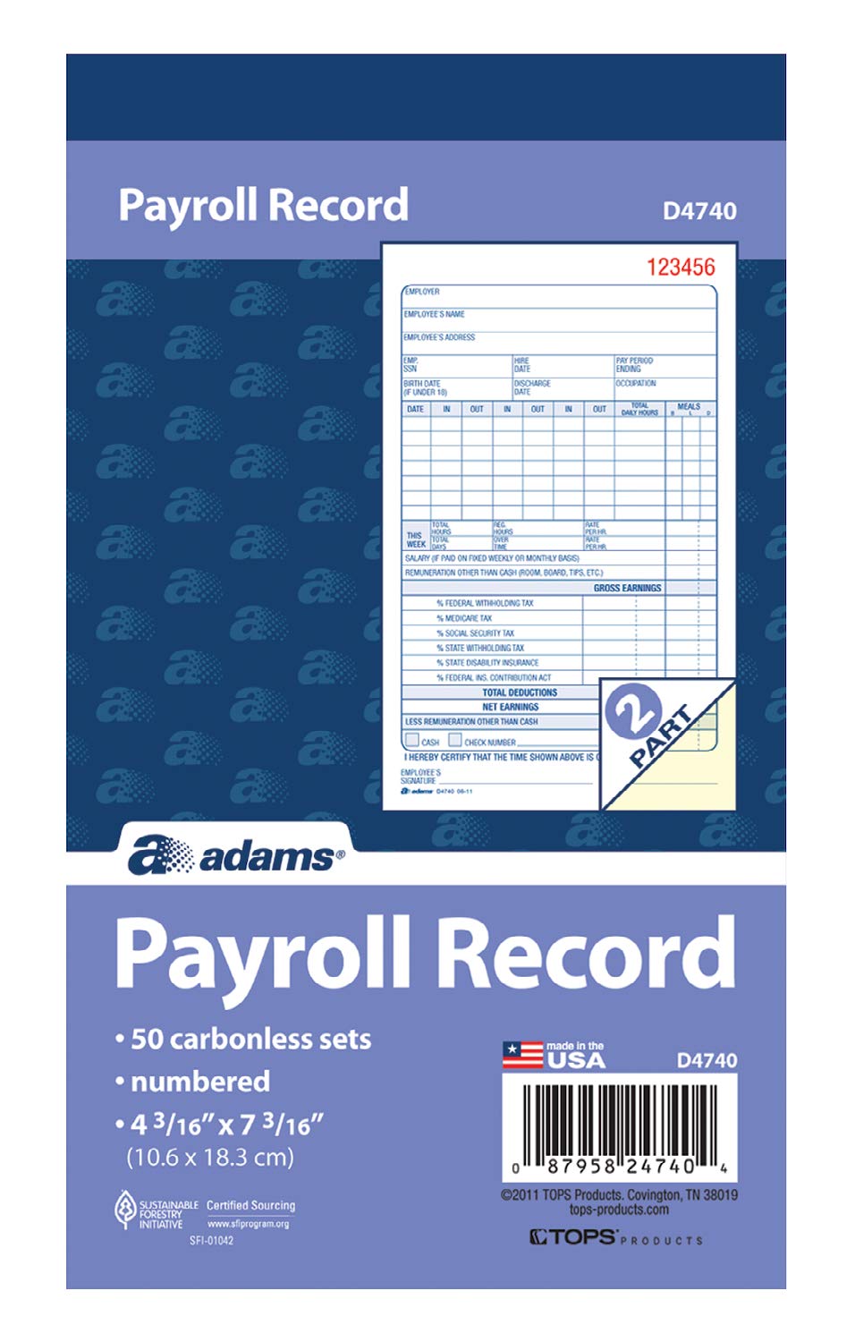 Adams Payroll Record Book, 2-Part Carbonless, White/Canary, 4-3/16 x 7-3/16 Inches, 50 Sets (D4740)