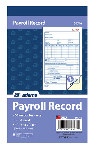 Adams Payroll Record Book, 2-Part Carbonless, White/Canary, 4-3/16 x 7-3/16 Inches, 50 Sets (D4740)