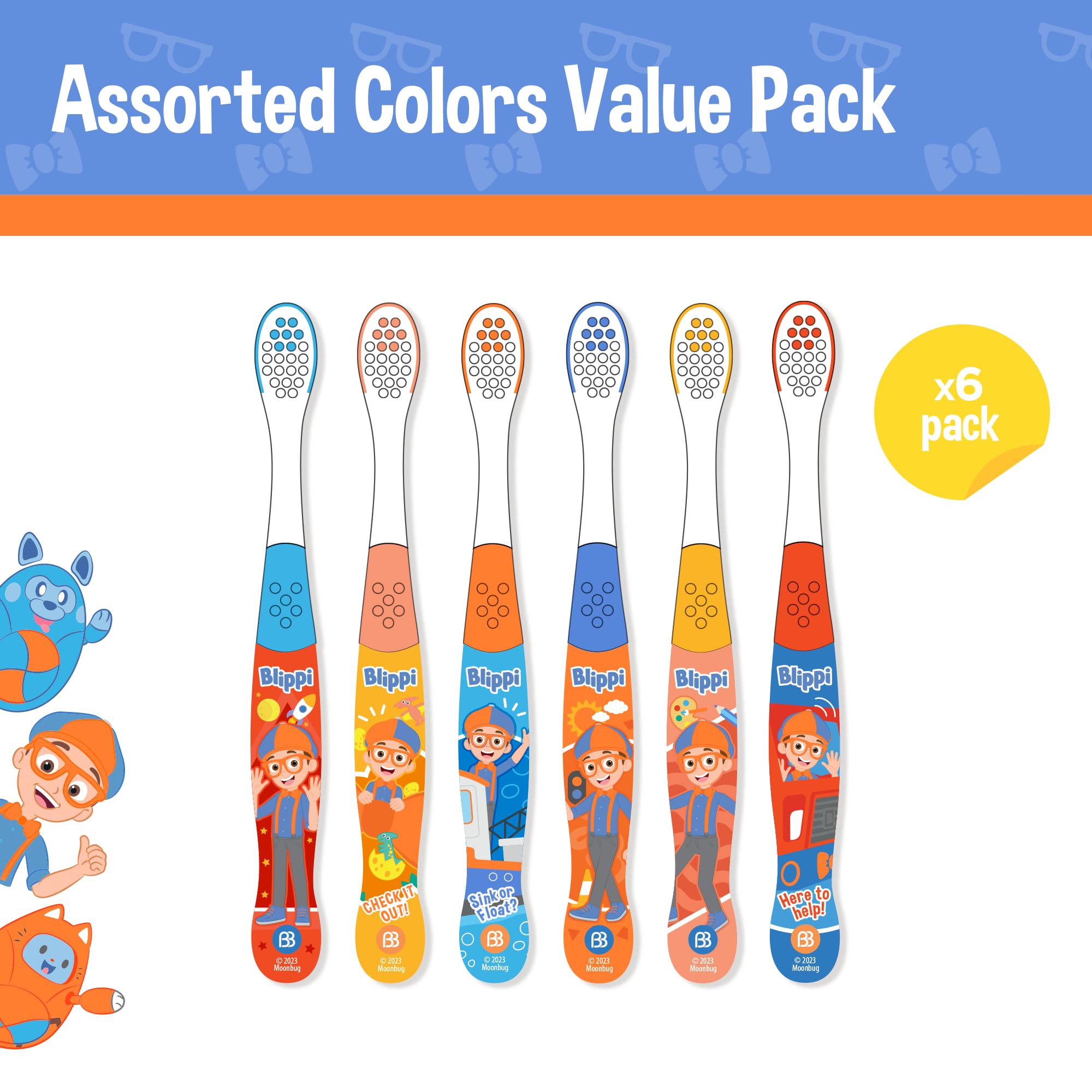 Brush Buddies Blippi Kids Toothbrush Set of 6 Pack Soft Bristle Toothbrushes for Toddlers Ages 2+, Extra Gentle Bristles, Small Head, Easy Grip Handle, Fun Blippi Characters, Kids Oral Care
