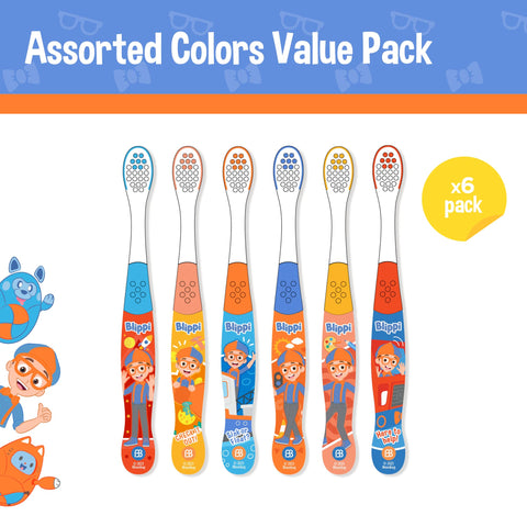 Brush Buddies Blippi Kids Toothbrush Set of 6 Pack Soft Bristle Toothbrushes for Toddlers Ages 2+, Extra Gentle Bristles, Small Head, Easy Grip Handle, Fun Blippi Characters, Kids Oral Care