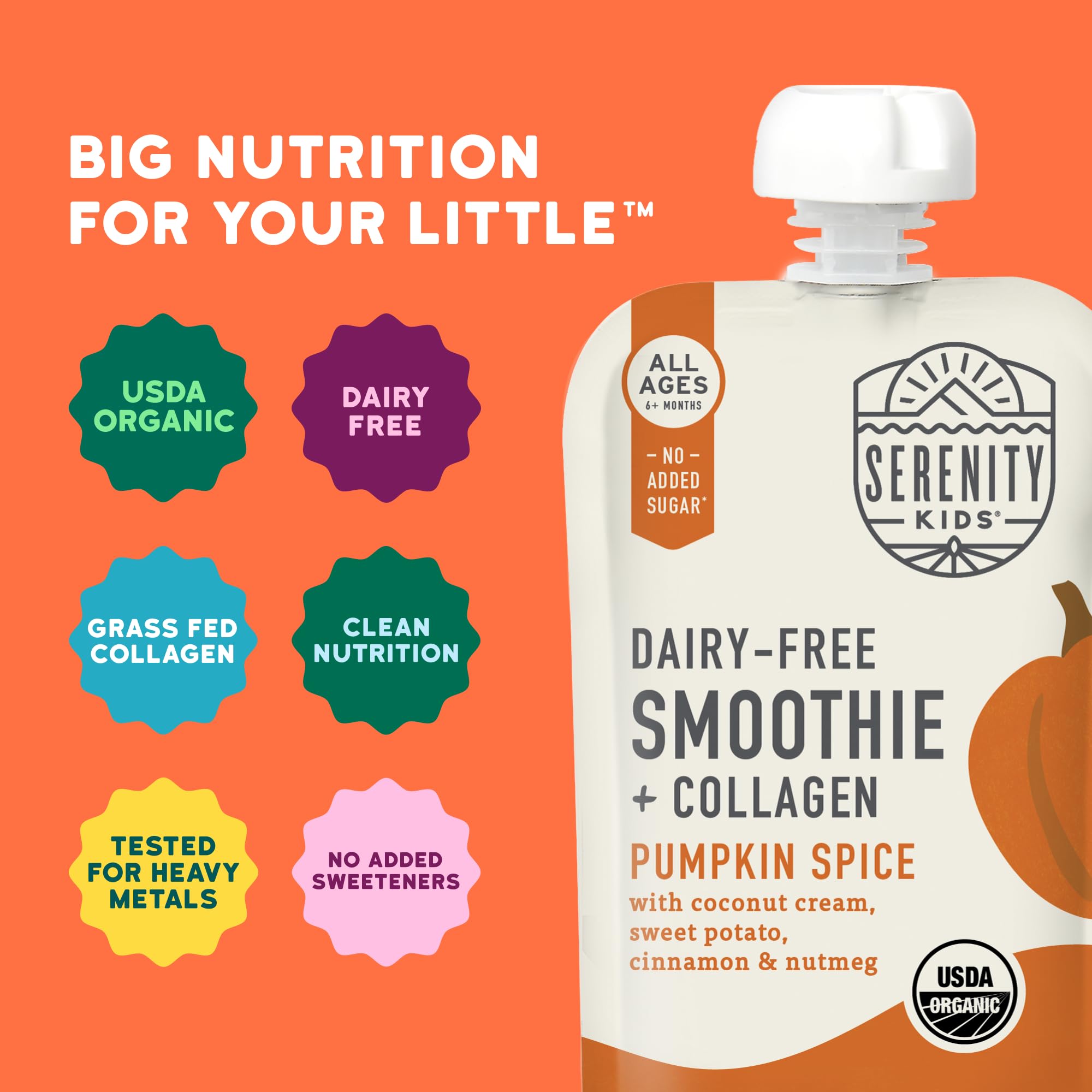 Serenity Kids 6+ Months Dairy-Free Smoothie Baby Food | USDA Organic | Grass Fed Collagen Protein | 3.5 Ounce BPA-Free Pouch | Pumpkin Spice | 1 Count