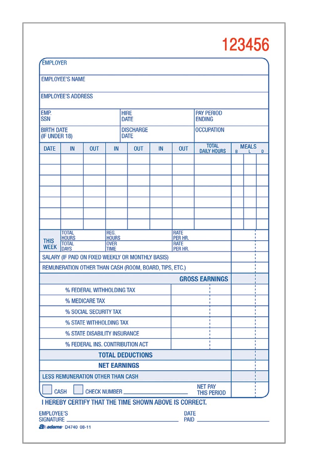 Adams Payroll Record Book, 2-Part Carbonless, White/Canary, 4-3/16 x 7-3/16 Inches, 50 Sets (D4740)