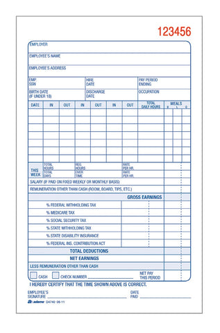 Adams Payroll Record Book, 2-Part Carbonless, White/Canary, 4-3/16 x 7-3/16 Inches, 50 Sets (D4740)