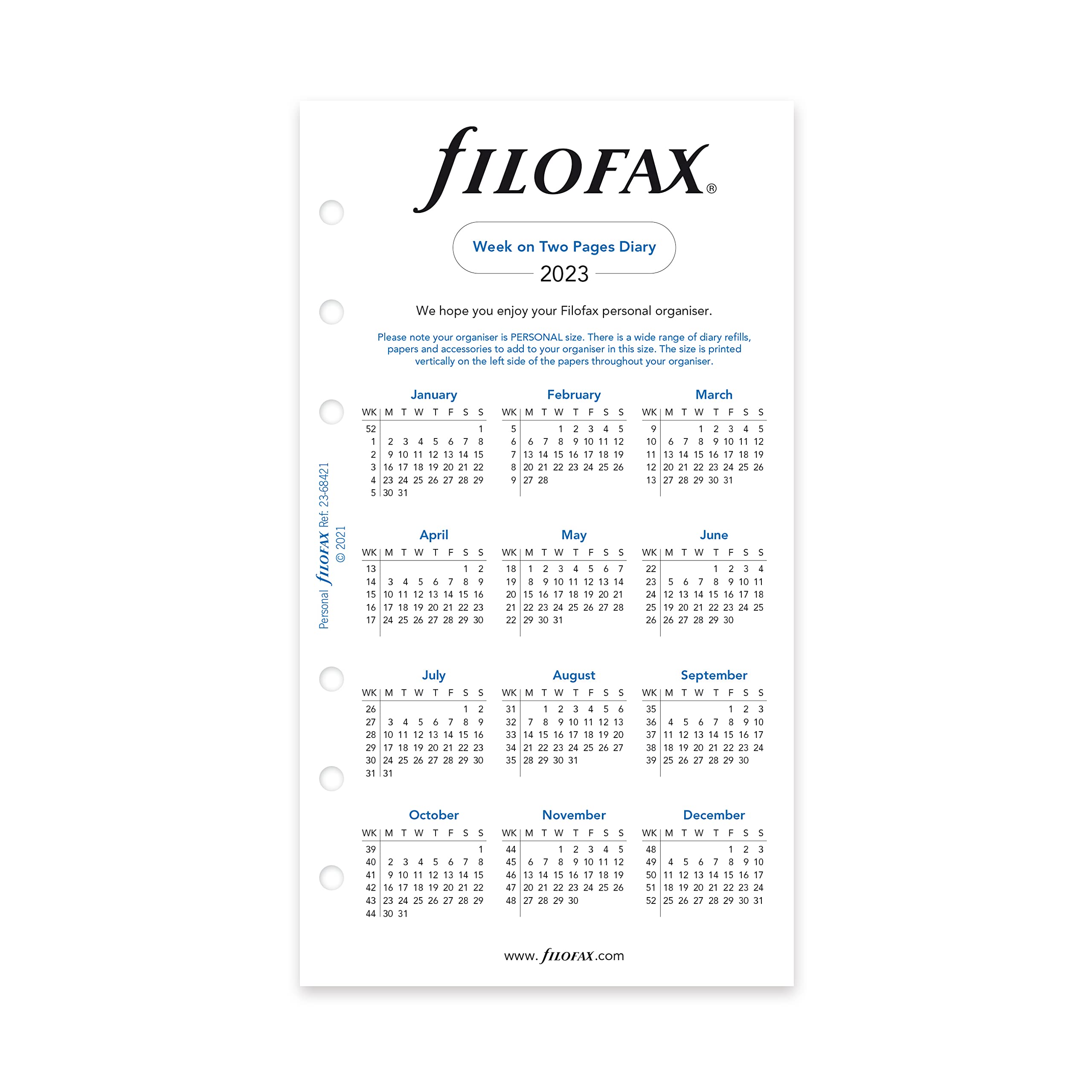 Filofax 68421 For Year 2023 Personal Week On Two Pages Diary Monday Start, White (68421-2018)