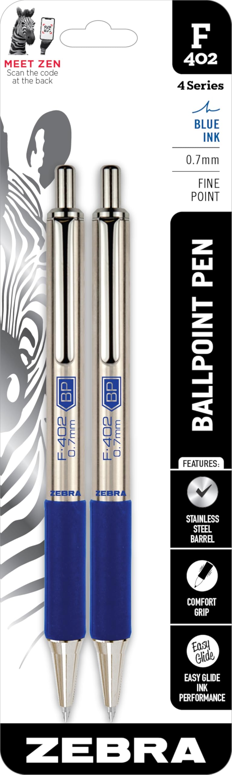Zebra Pen, STEEL F-402 Retractable Ballpoint Pens, 0.7mm Fine Point, Blue Ink, Stainless Steel Barrel and Clip, Easy-Glide Ink, Comfort Grip, Refillable Pens for Office, School, 2-Pack (29222)