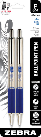Zebra Pen, STEEL F-402 Retractable Ballpoint Pens, 0.7mm Fine Point, Blue Ink, Stainless Steel Barrel and Clip, Easy-Glide Ink, Comfort Grip, Refillable Pens for Office, School, 2-Pack (29222)