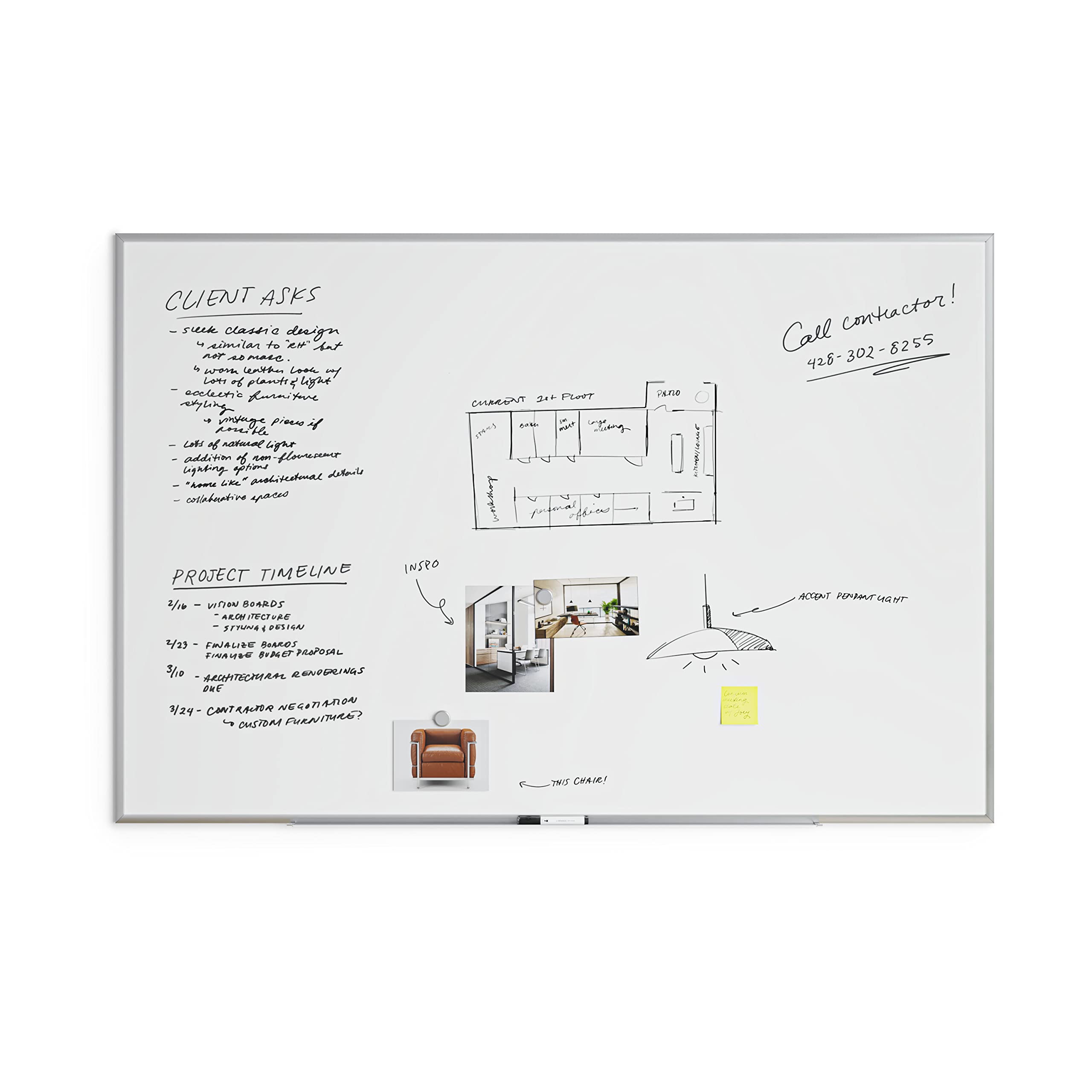 U Brands Magnetic Whiteboard 48" x 72", Large Dry Erase Board with Silver Aluminum Frame, Wall Mounted White Board for Office, Classroom & Conference Room, 6' x 4'