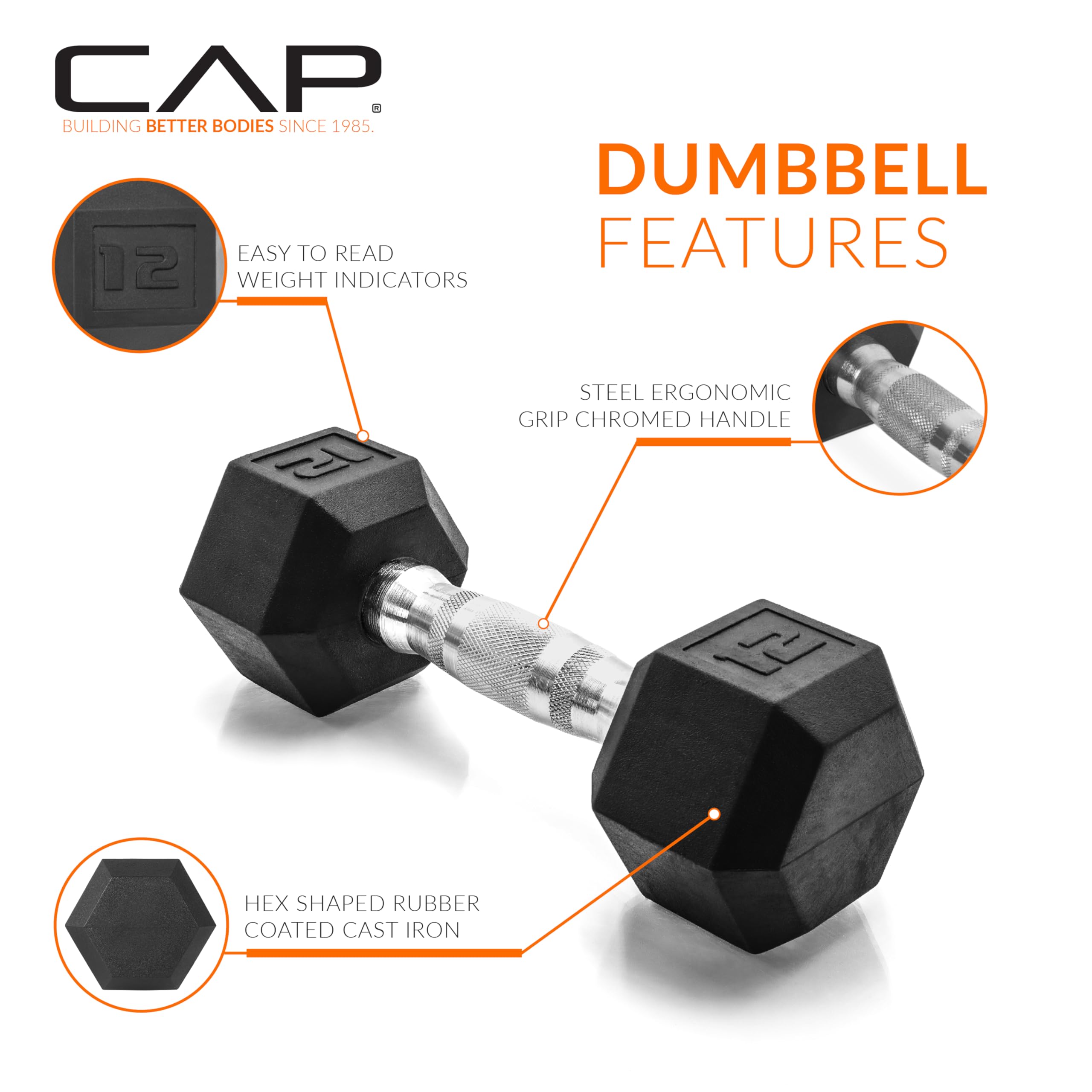 CAP Barbell 12 LB Rubber Coated Hex Dumbbell Hand Weight - Single | Chrome Handle