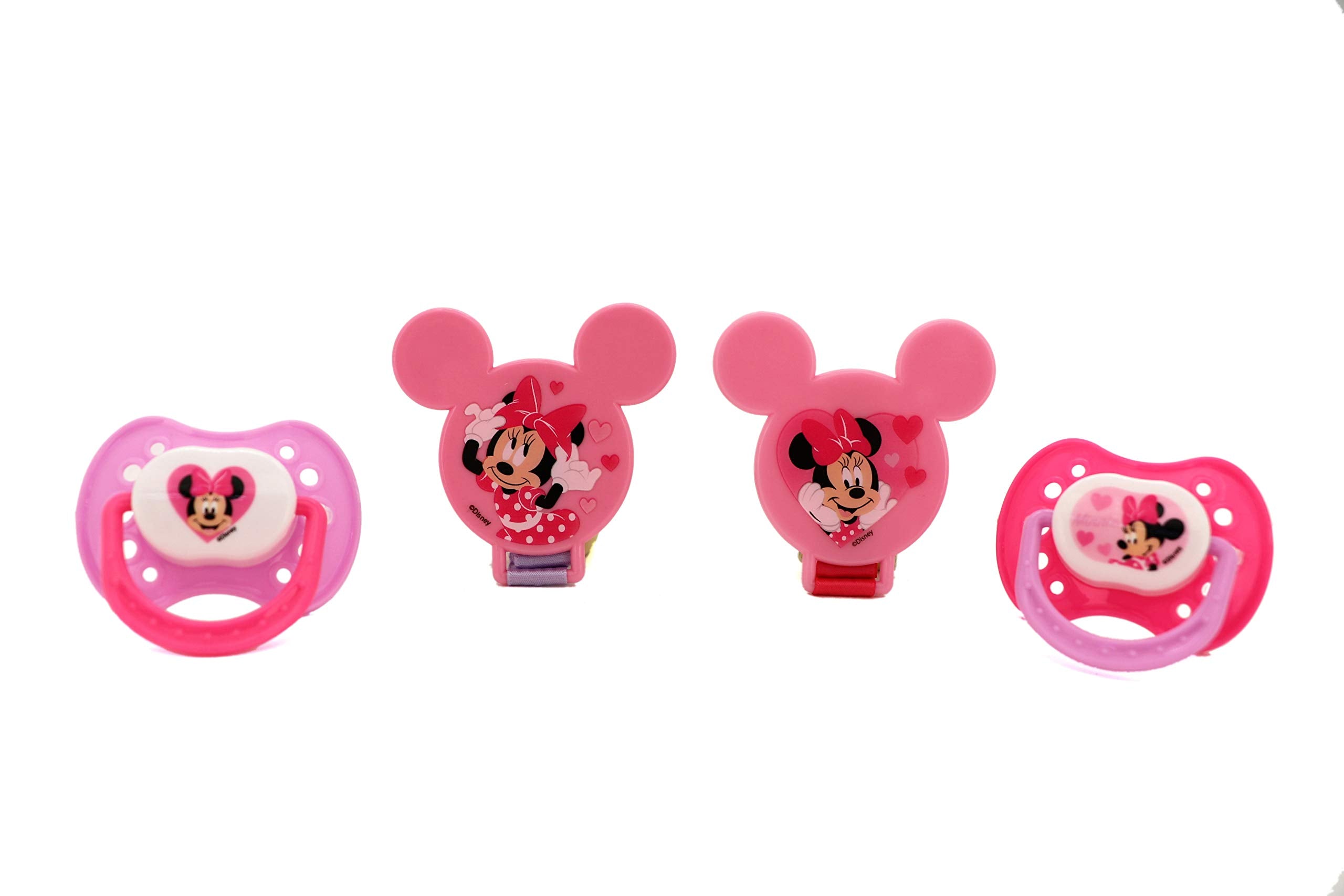 Disney Cudlie Minnie Mouse Baby Girl 4 Pack of 2 Pacifiers & 2 Clips with Hearts for Min Print
