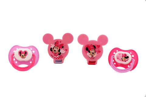 Disney Cudlie Minnie Mouse Baby Girl 4 Pack of 2 Pacifiers & 2 Clips with Hearts for Min Print
