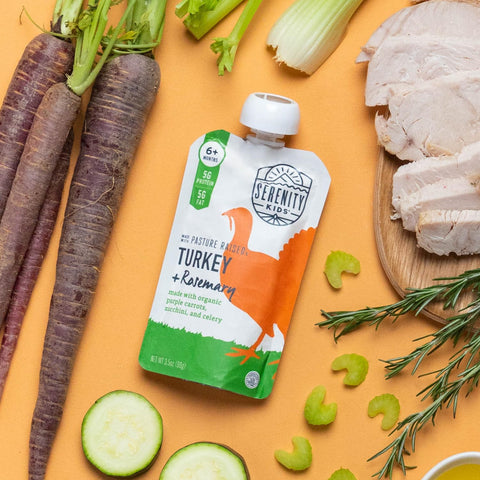 Serenity Kids 6+ Months Baby Food Pouches - Protein-Rich Turkey & Rosemary Pouch - Organic Carrots & Zucchini Blend - BPA-Free On-The-Go Baby Snacks - 3.5 Ounce, Pack of 1