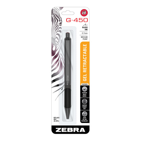 Zebra Pen, STEEL G-450 Retractable Gel Pens, Black Ink, 0.7mm Medium Point, Rapid Dry Ink – No Smears or Smudges, Weighted Brass Barrel, Refillable, 1-Pack, (49511)
