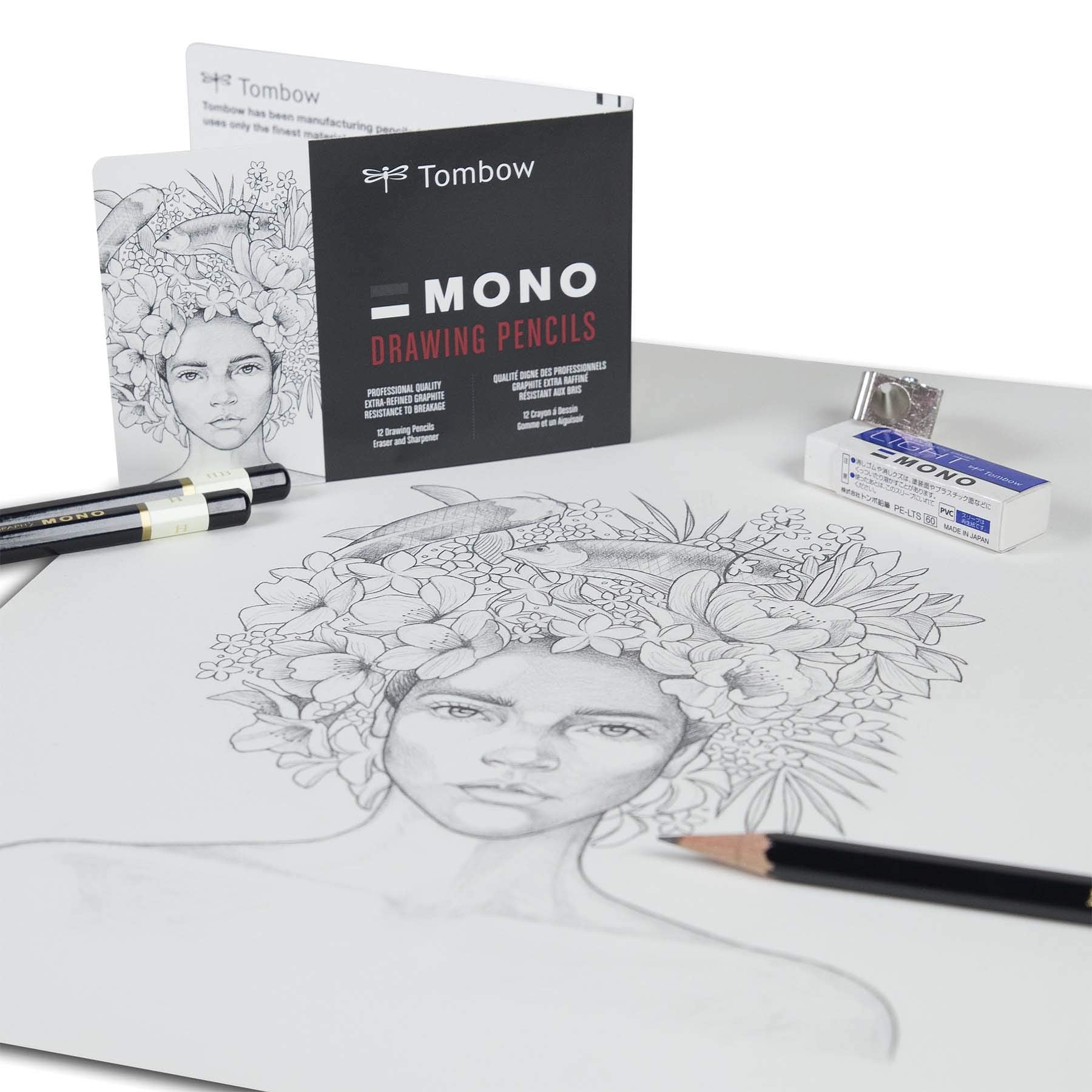 Tombow 51523 MONO Drawing Pencil Set, Assorted Degrees, 12-Pack. Professional Quality Graphite Pencil Set with Eraser and Sharpener