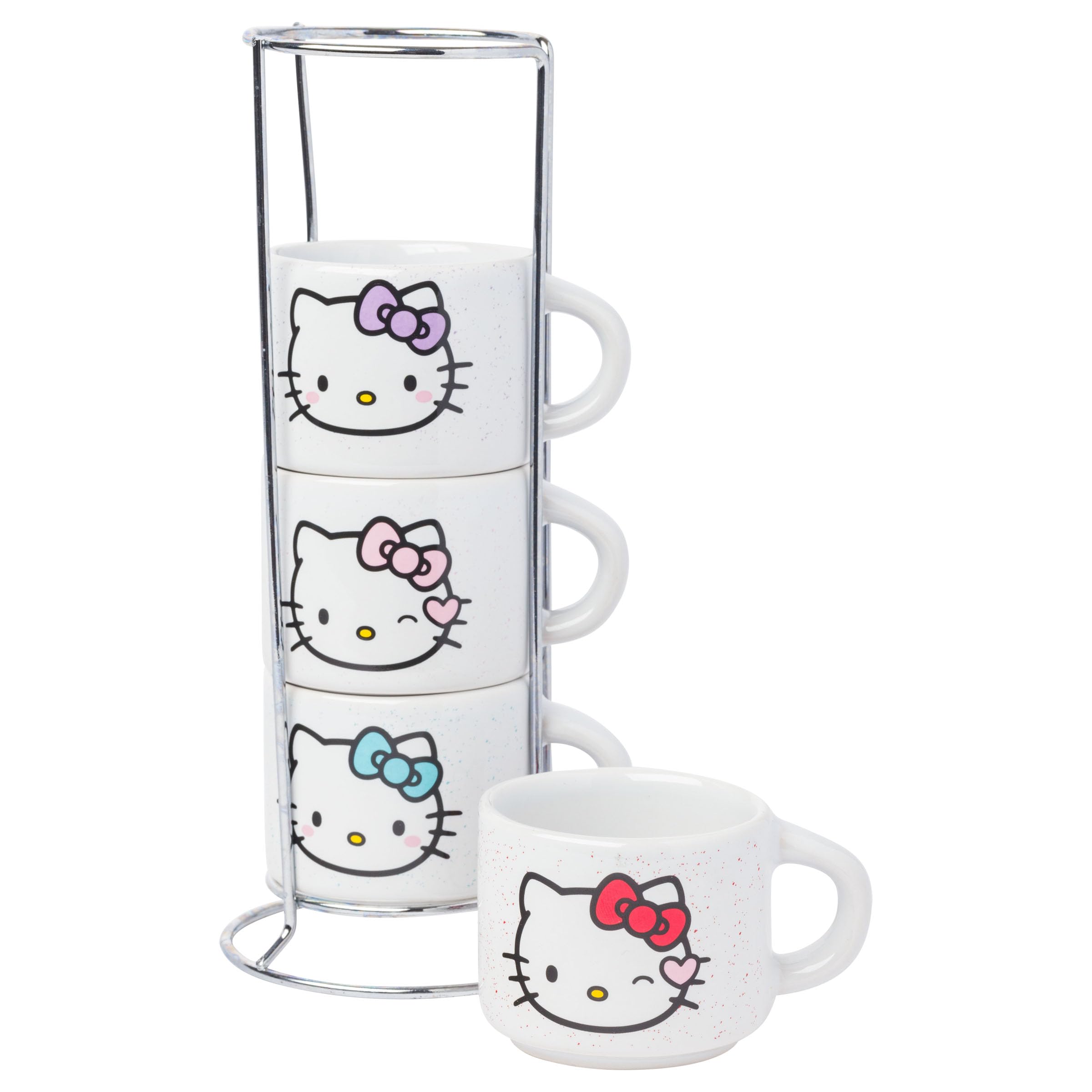 Silver Buffalo Sanrio Hello Kitty Different Colored Bows 4pc Stackable Ceramic Espresso Mug Set with Storage Rack, 3 Ounces