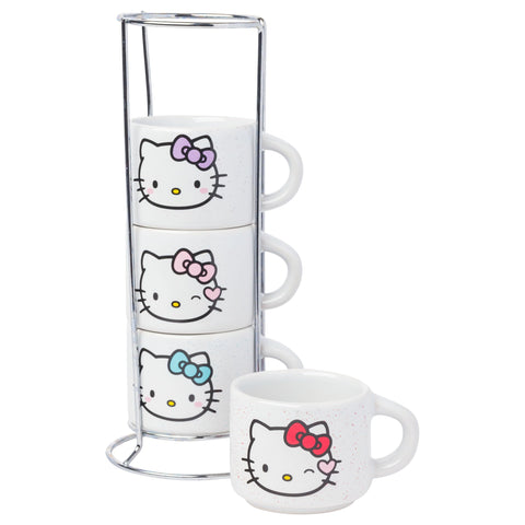 Silver Buffalo Sanrio Hello Kitty Different Colored Bows 4pc Stackable Ceramic Espresso Mug Set with Storage Rack, 3 Ounces