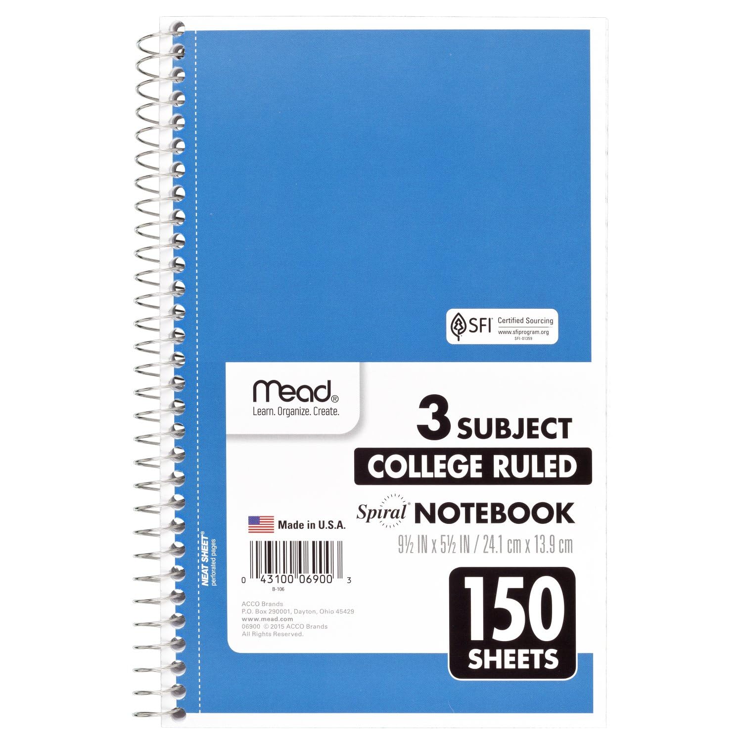 Mead Small Spiral Notebook, 3-Subject, College Ruled Paper, 9-1/2" x 5-1/2", 150 Sheets per Notebook, Color Will Vary, 1 Count (06900)