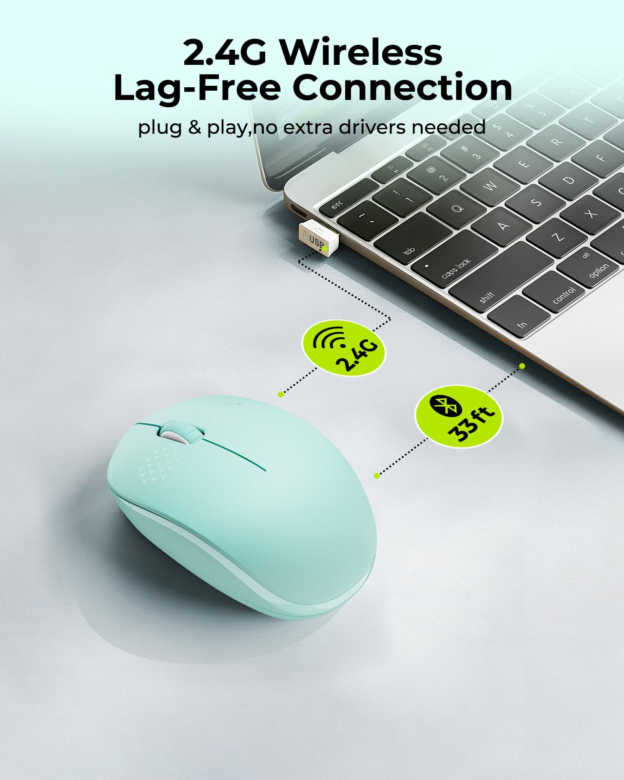 seenda Wireless Mouse for Laptop, 2.4G Noiseless Mouse with USB Receiver - Optical Tracking Portable Computer Mice for Chromebook, PC, Tablet, Windows System, 24 Months Battery Life - Mint Green