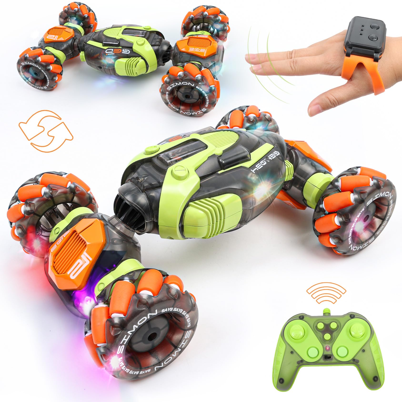 FUNiOi Gesture Sensing RC Stunt Car - Remote & Hand-Controlled Drift Toy for Kids Ages 5-7 6-8 9 10 11 12 Year Old, 4WD, Double-Sided Driving with Lights & Music