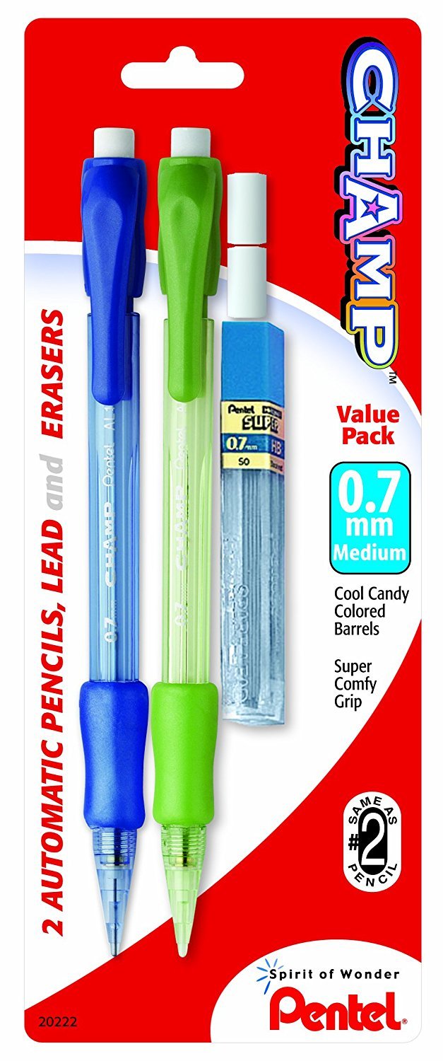 Pentel Champ Mechanical Pencil with Lead and 2 Erasers, (0.7mm), Assorted Barrels, Barrel Color May Vary, 2 Pack (AL17LEBP2)