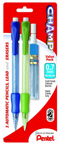 Pentel Champ Mechanical Pencil with Lead and 2 Erasers, (0.7mm), Assorted Barrels, Barrel Color May Vary, 2 Pack (AL17LEBP2)