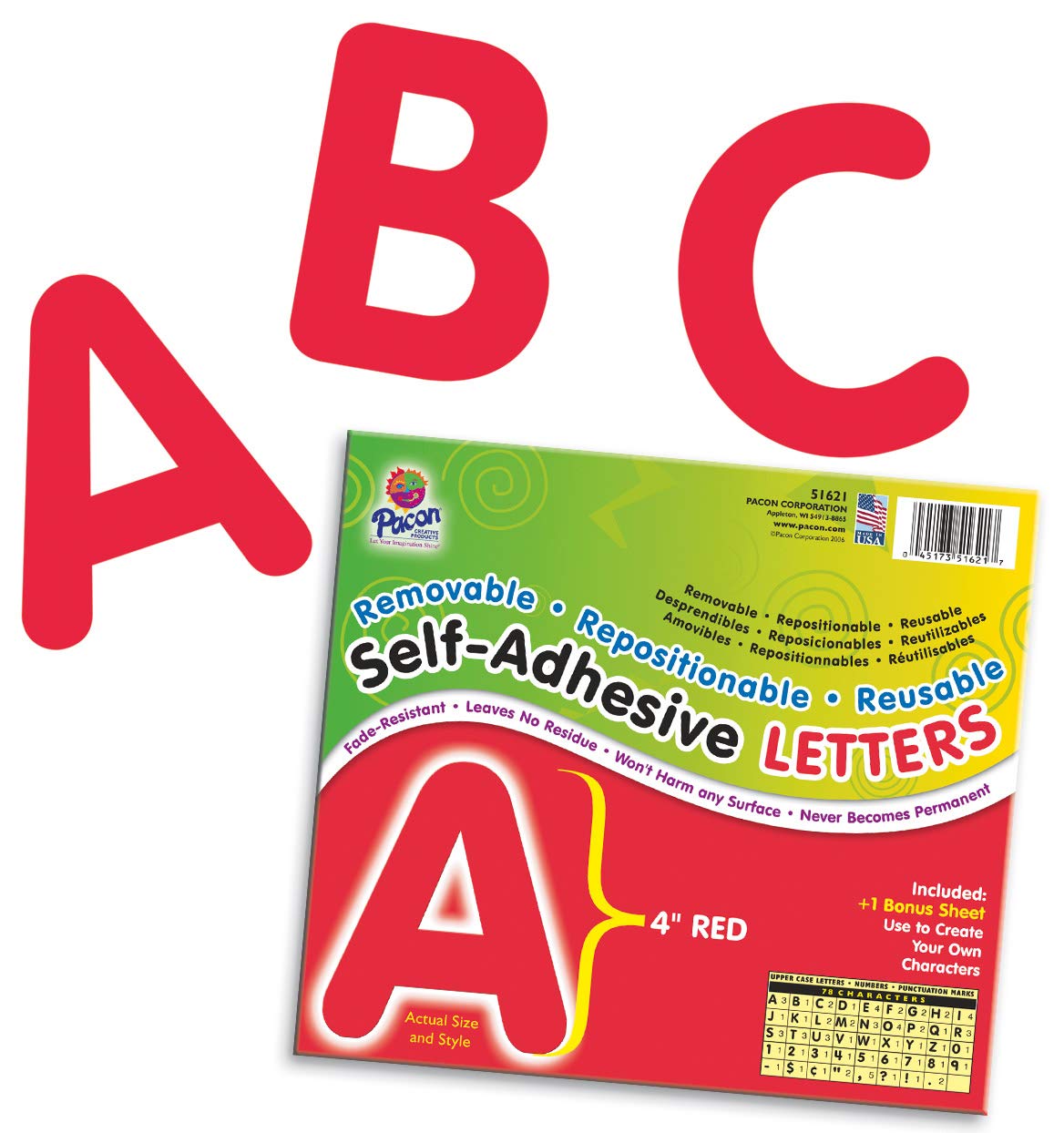 Pacon® PAC51621 Self-Adhesive Letters - Removable, Repositionable, Reusable, 4", Red, 78 Pieces
