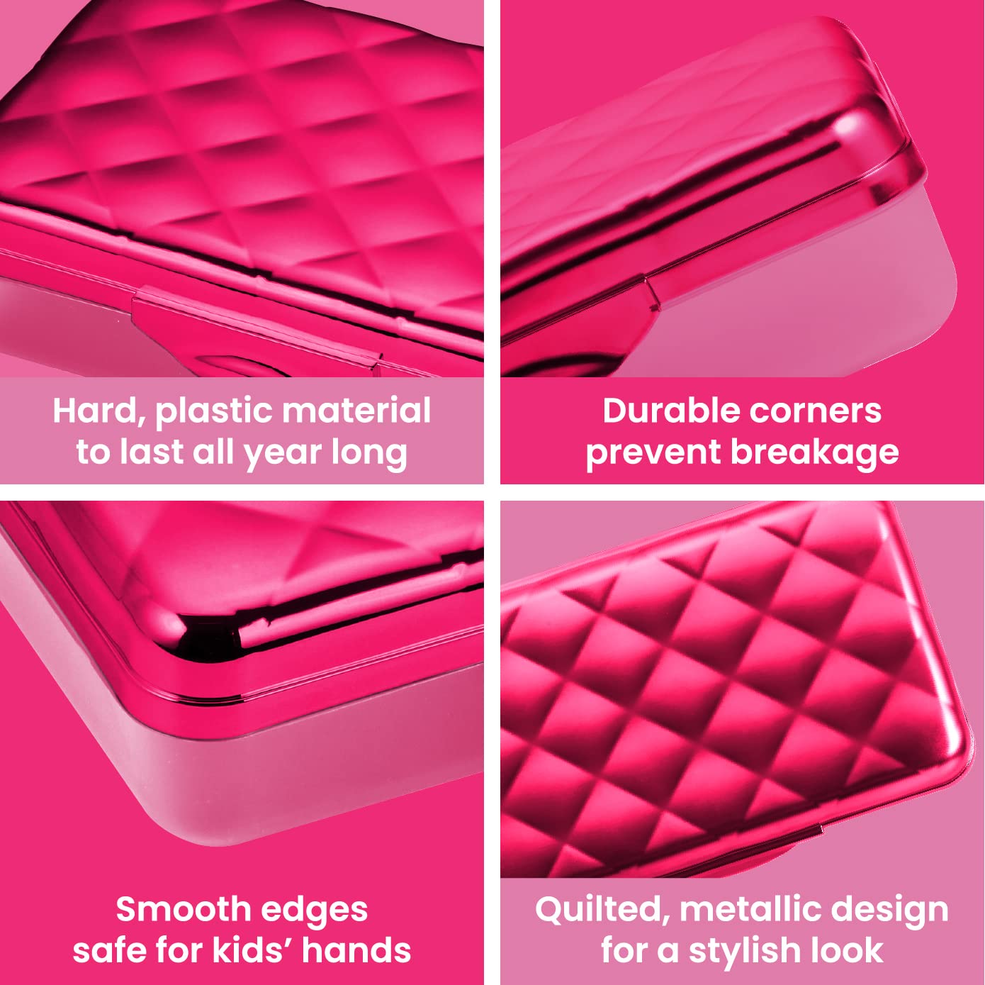It's Academic Metallic Pencil Case Box, Hard Plastic, Stylish Quilted-Pattern Lid, Pink