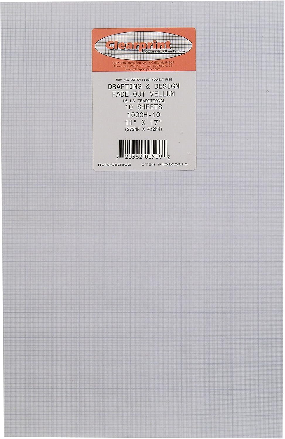 Clearprint 11" x 17" 1000H Design Vellum Sheets with Printed Fade-Out 10x10 Grid, 16 lb., 100% Cotton, 10 Sheets Per Pack, 1 Each