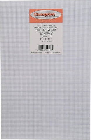 Clearprint 11" x 17" 1000H Design Vellum Sheets with Printed Fade-Out 10x10 Grid, 16 lb., 100% Cotton, 10 Sheets Per Pack, 1 Each