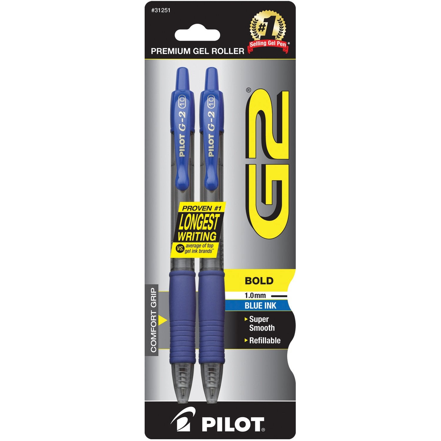 Pilot G2 Premium Gel Pens, Black Pens, Bold Point 1 mm, 2 Black