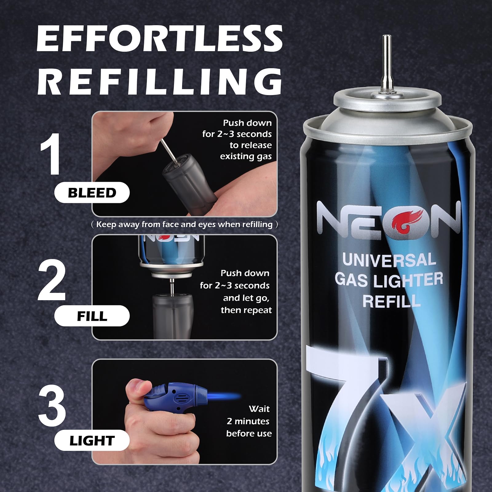 NEON Butane Refill, 300ml 7X Filtered Premium Butane Fuel, 12 Cans Pure Refined Lighter Fluid with 0 Impurities & 5 Butane Gas Adapters for Refillable Lighters, Butane Torches, Kitchen Blow Torch