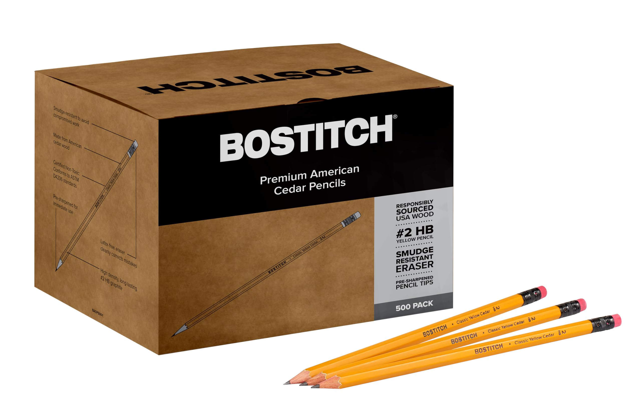 Bostitch Office Premium #2 Pencils, American Cedar Wood, Pre-Sharpened, HB Graphite, 500-Pack