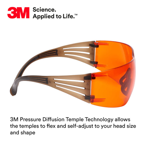 3M Safety Glasses, SecureFit, 20 Pack, ANSI Z87, Scotchgard Anti-Fog Anti-Scratch, Orange Lens, Brown/Black Frame, Flexible Temples
