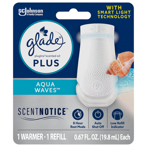 Glade PlugIn Plus Air Freshener Starter Kit, Scented Oil for Home and Bathroom, Aqua Waves, 0.67 Fl Oz, 1 Warmer + 1 Refill