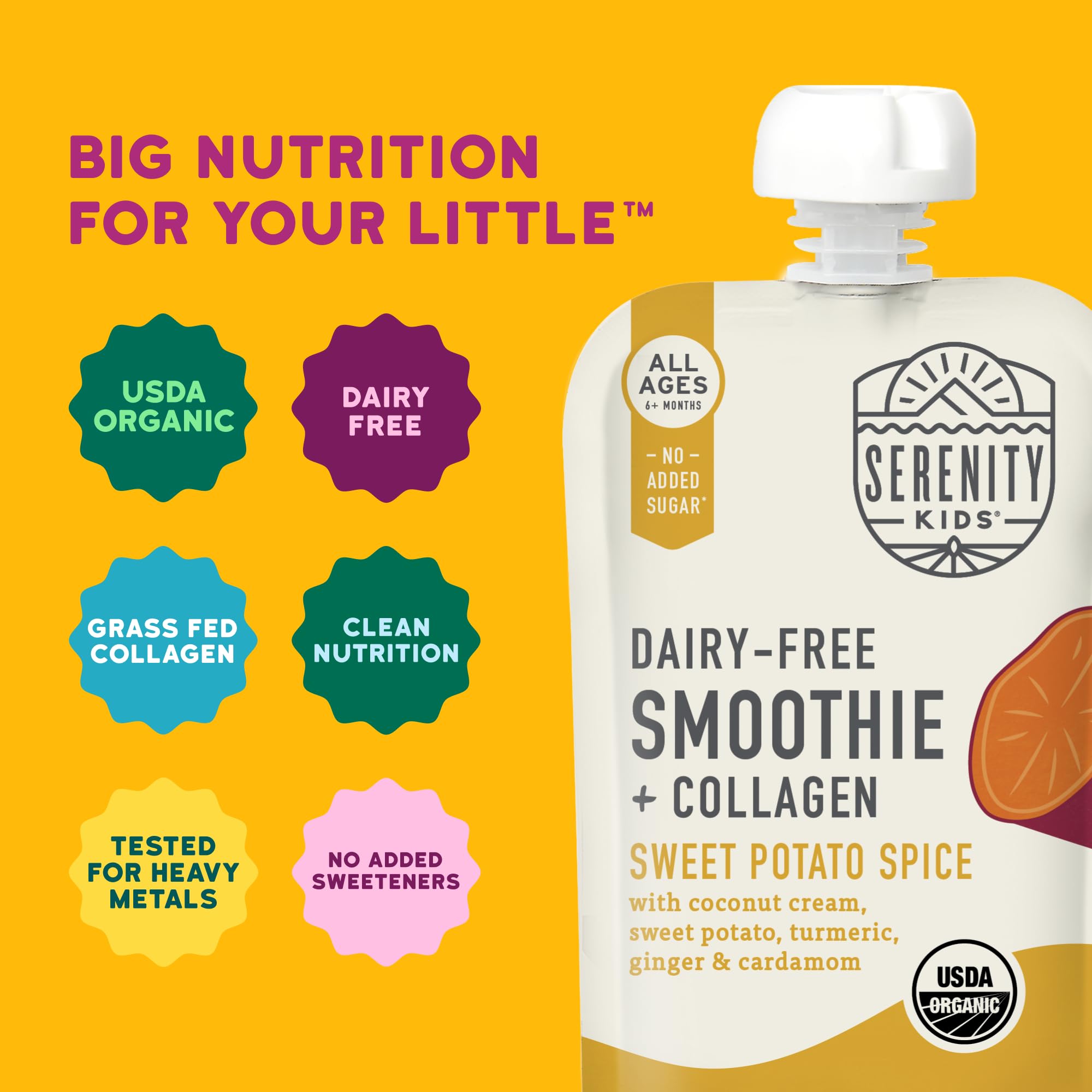 Serenity Kids 6+ Months Dairy-Free Smoothie Baby Food Pouch - Protein-Rich Snacks for Kids - Veggie-Packed Breakfast Smoothie - USDA Organic Baby Food - 3.5 Fl Oz - Pack of 1 - Sweet Potato Spice