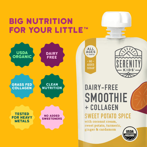 Serenity Kids 6+ Months Dairy-Free Smoothie Baby Food Pouch - Protein-Rich Snacks for Kids - Veggie-Packed Breakfast Smoothie - USDA Organic Baby Food - 3.5 Fl Oz - Pack of 1 - Sweet Potato Spice