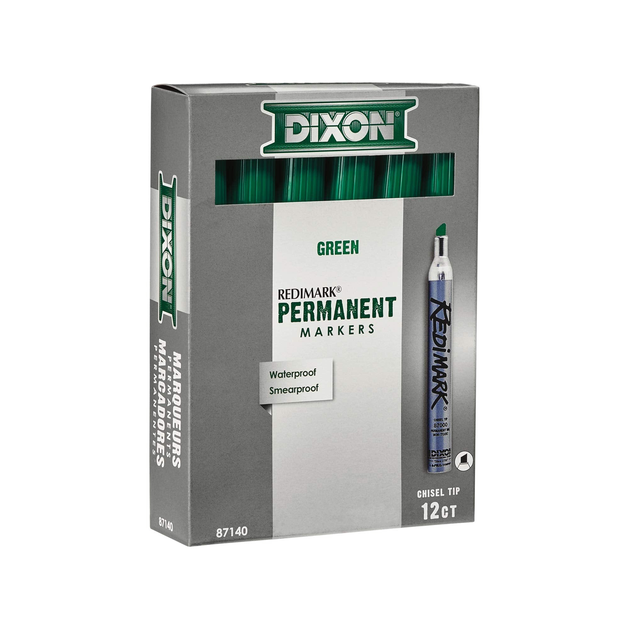 DIXON Industrial RediMark Permanent Markers, Chisel Point, Metal Barrel, Box of 12 Markers, Green (87140)