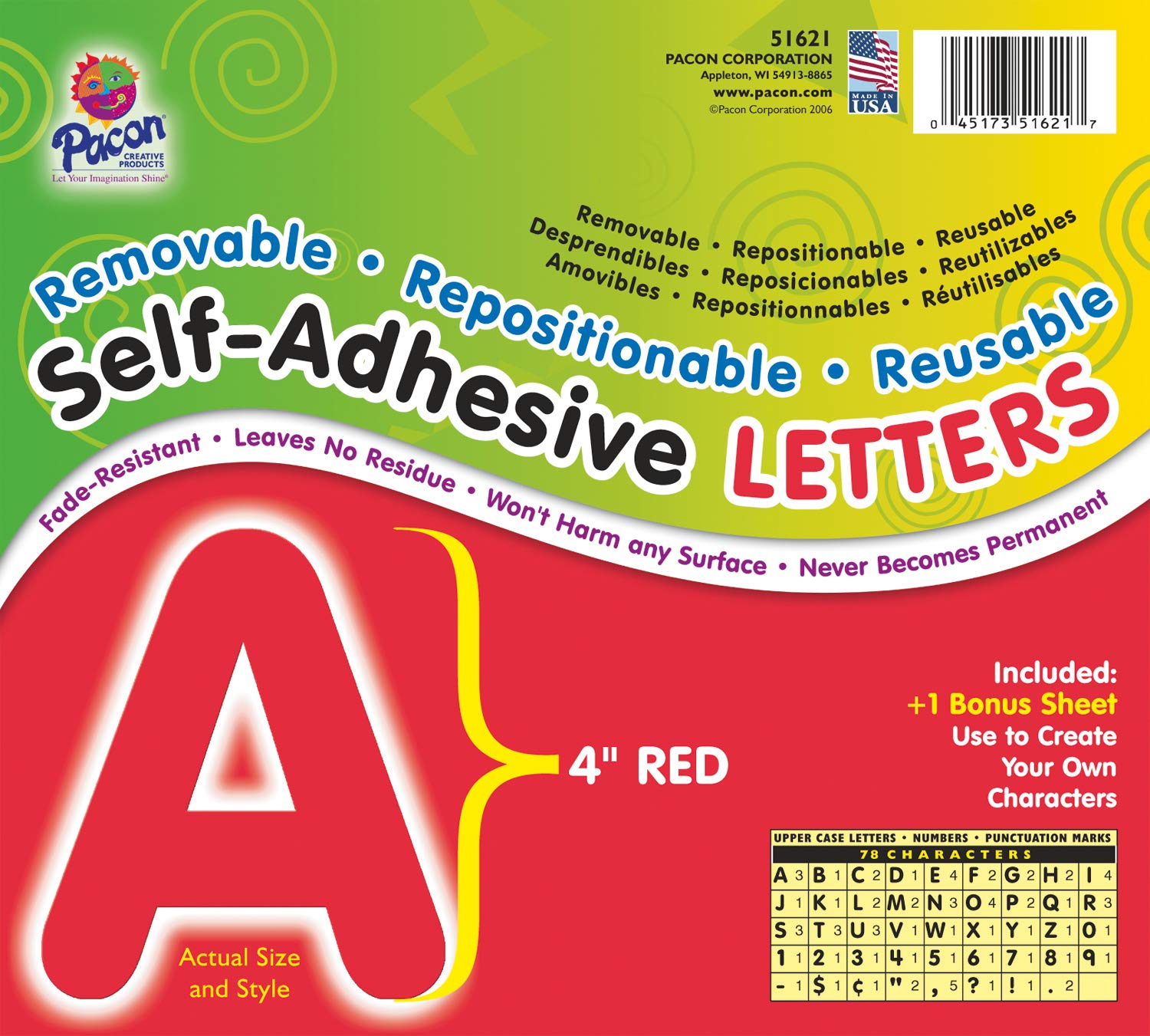 Pacon® PAC51621 Self-Adhesive Letters - Removable, Repositionable, Reusable, 4", Red, 78 Pieces