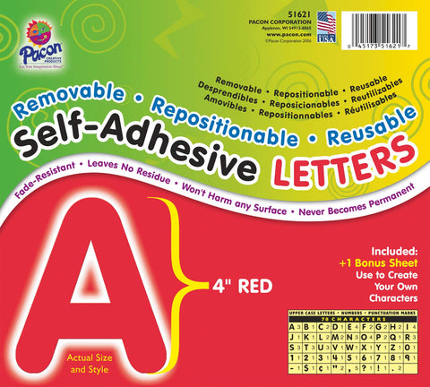 Pacon® PAC51621 Self-Adhesive Letters - Removable, Repositionable, Reusable, 4", Red, 78 Pieces