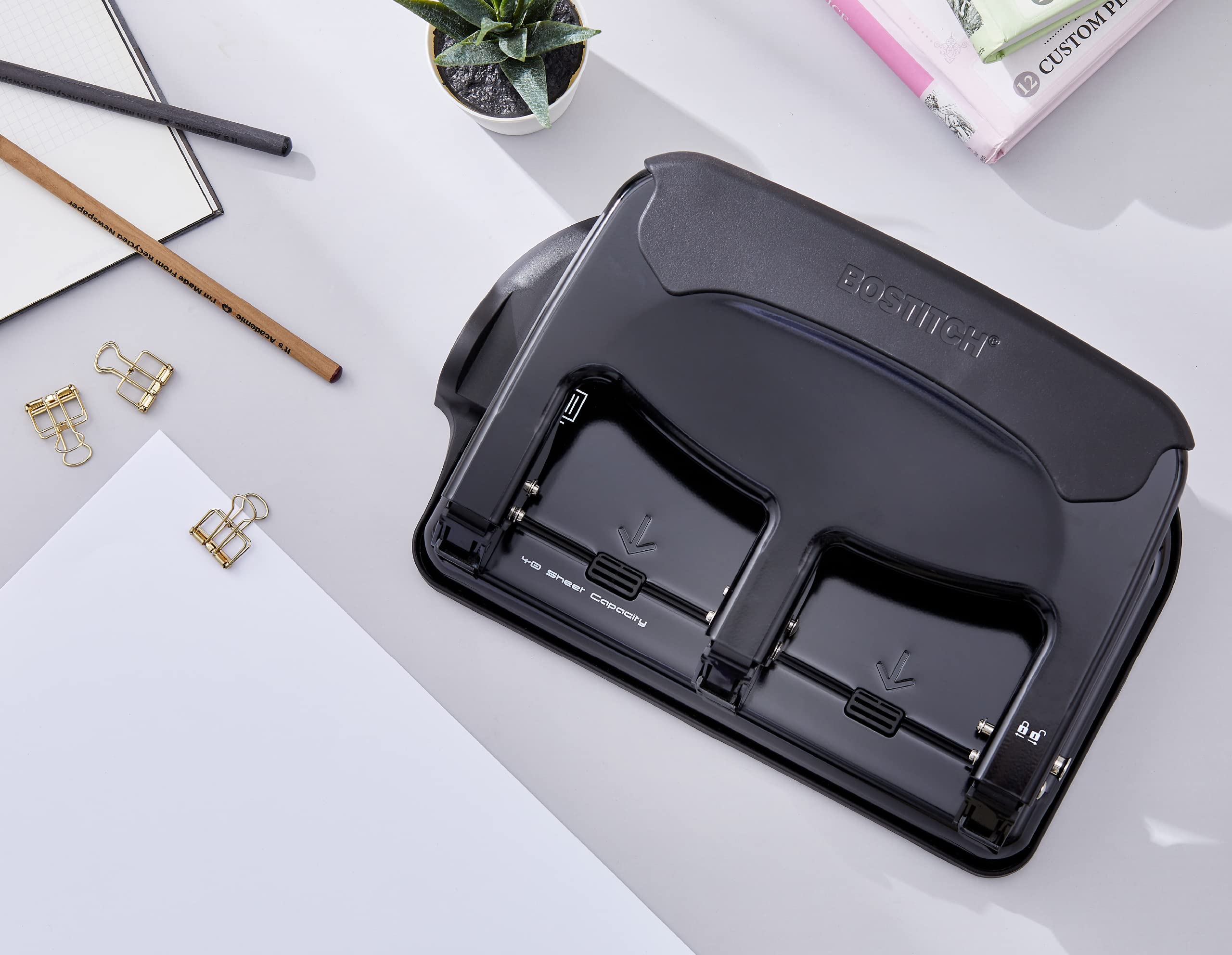 Bostitch Office EZ Squeeze Heavy Duty 3-Hole Punch for Home Office & School, 40-Sheet Capacity, One-Touch Reduced Force, Sleek Black Design