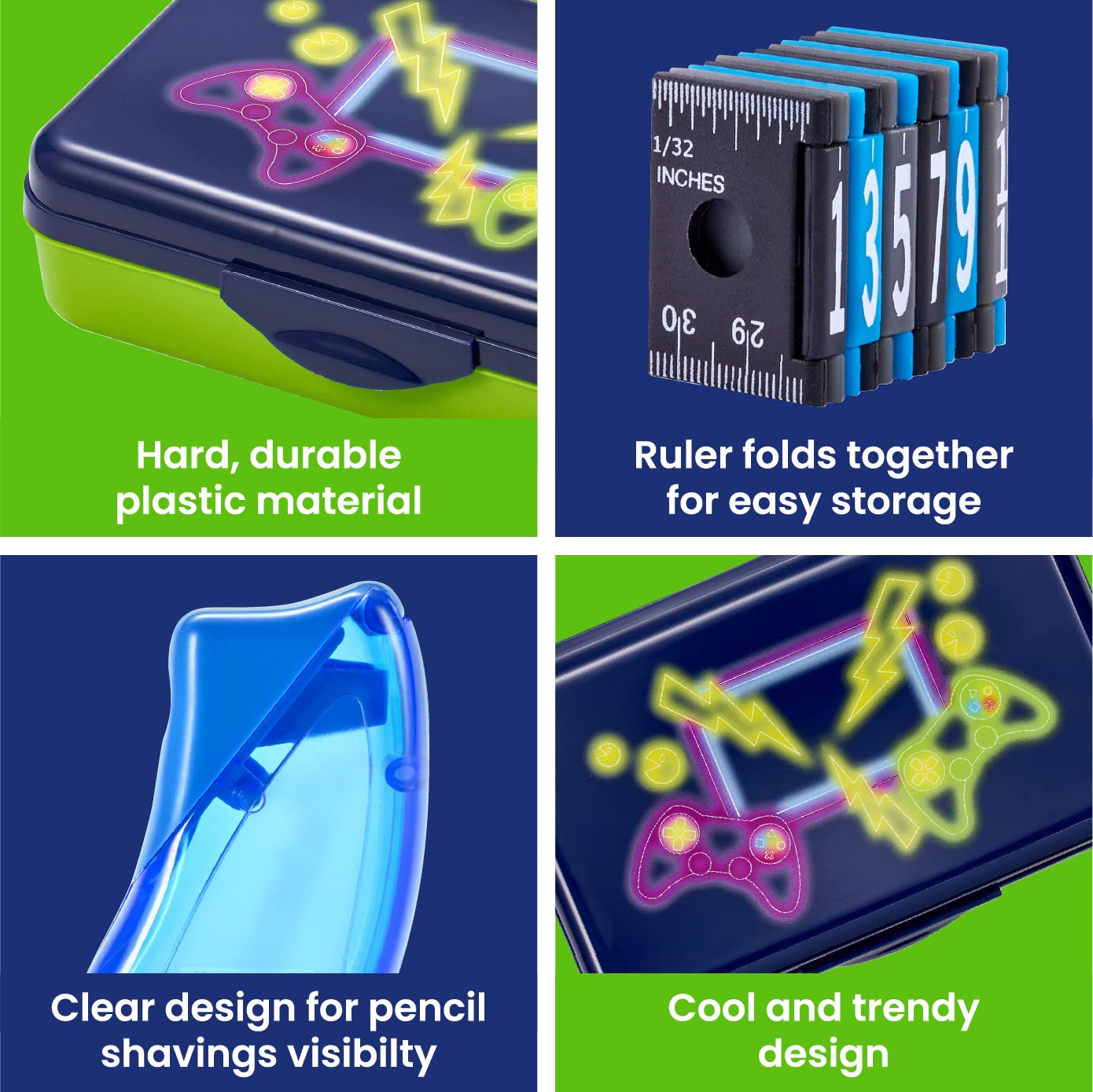 It's Academic Pencil Box Kit, Includes Ruler & Sharpener, Durable Plastic, for School & Office Supplies, Blue Gaming Design