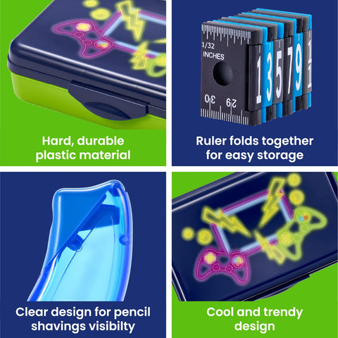 It's Academic Pencil Box Kit, Includes Ruler & Sharpener, Durable Plastic, for School & Office Supplies, Blue Gaming Design