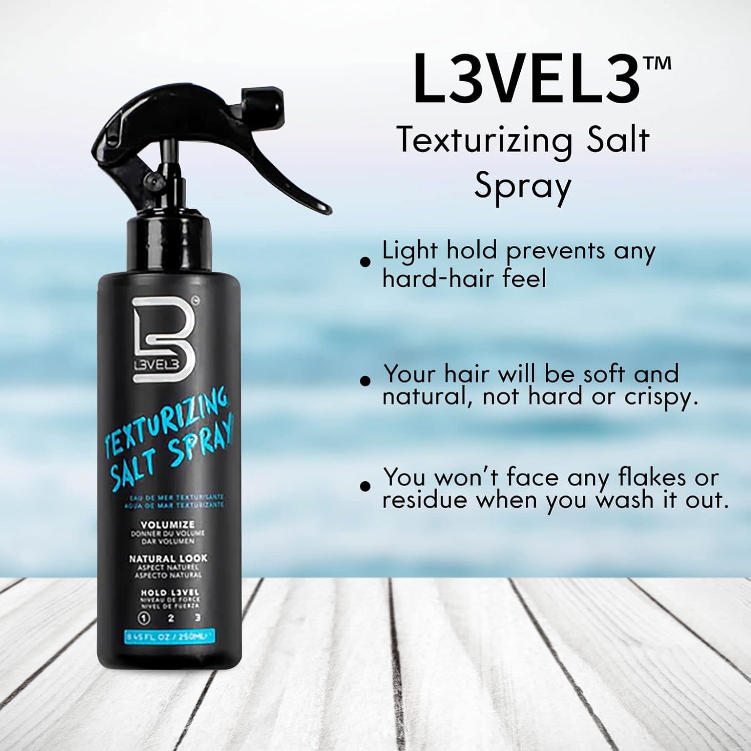 L3 Level 3 Sea Salt Texturizing Spray - Creates Beachy Waves and Texture - Light Hold - Casual Hair Finish (8.45 Fl Oz)
