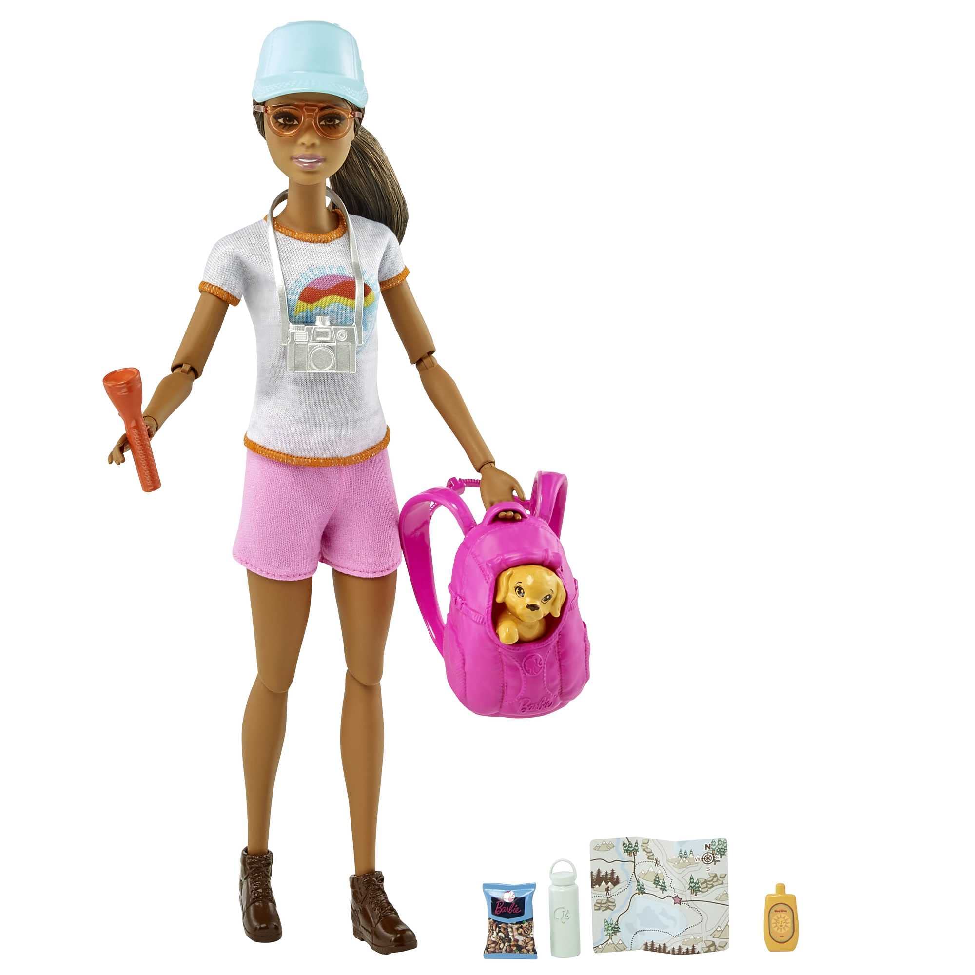 Barbie Self-Care Doll, Brunette Posable Hiking Doll with Puppy & Accessories Including Backpack Pet Carrier & Camera