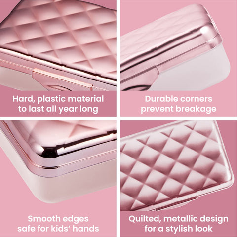 It's Academic Metallic Pencil Case Box, Hard Plastic, Stylish Quilted-Pattern Lid, Rose Gold