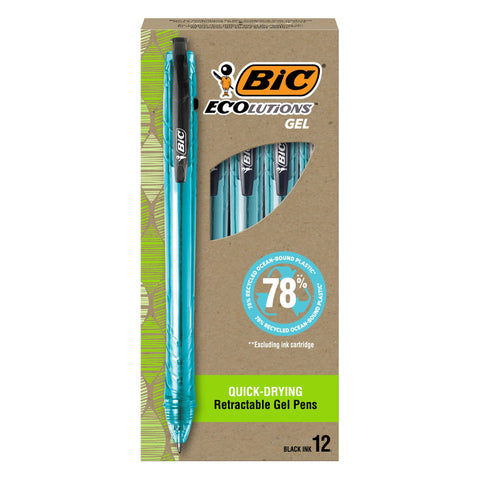 BIC Ecolutions Ocean-Bound Plastic Gel Pens, Medium Point (1.0mm), 12-Count Pack, Retractable Black Ink Pens Made from 78% Ocean-Bound Recycled Plastic Excluding Ink Cartridge