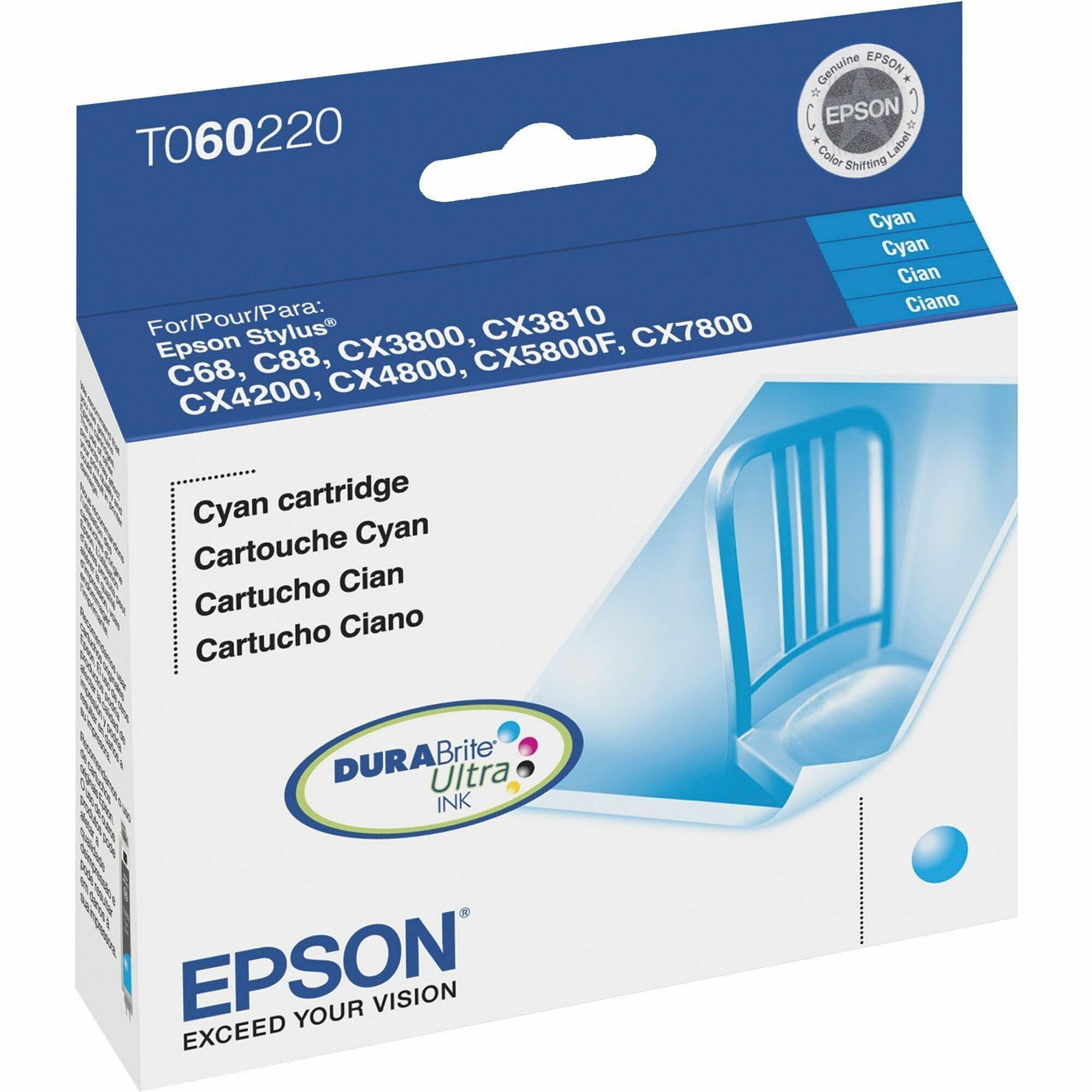 Epson 60 DURABrite Ultra Ink Standard Capacity Cyan Cartridge (T060220) Works with Stylus C-68, C-88, C-88+, CX-3800, CX-3810, CX-4200, CX-4800, CX-5800F, CX-7800