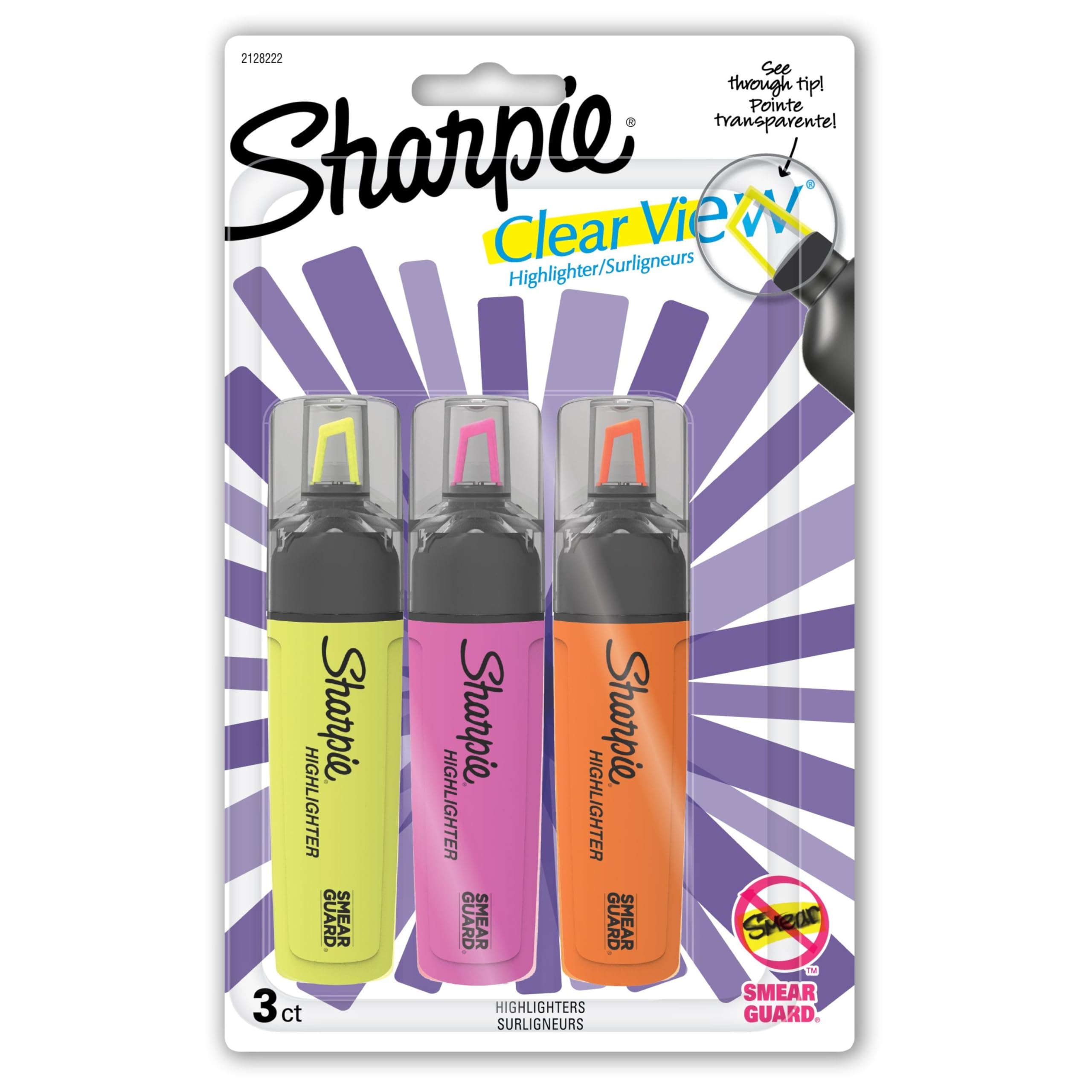 Sharpie 1912767 Clear View Chisel Tip Highlighters, Assorted Highlighter, 3-Carded, Yellow, Pink and Orange(1912937)