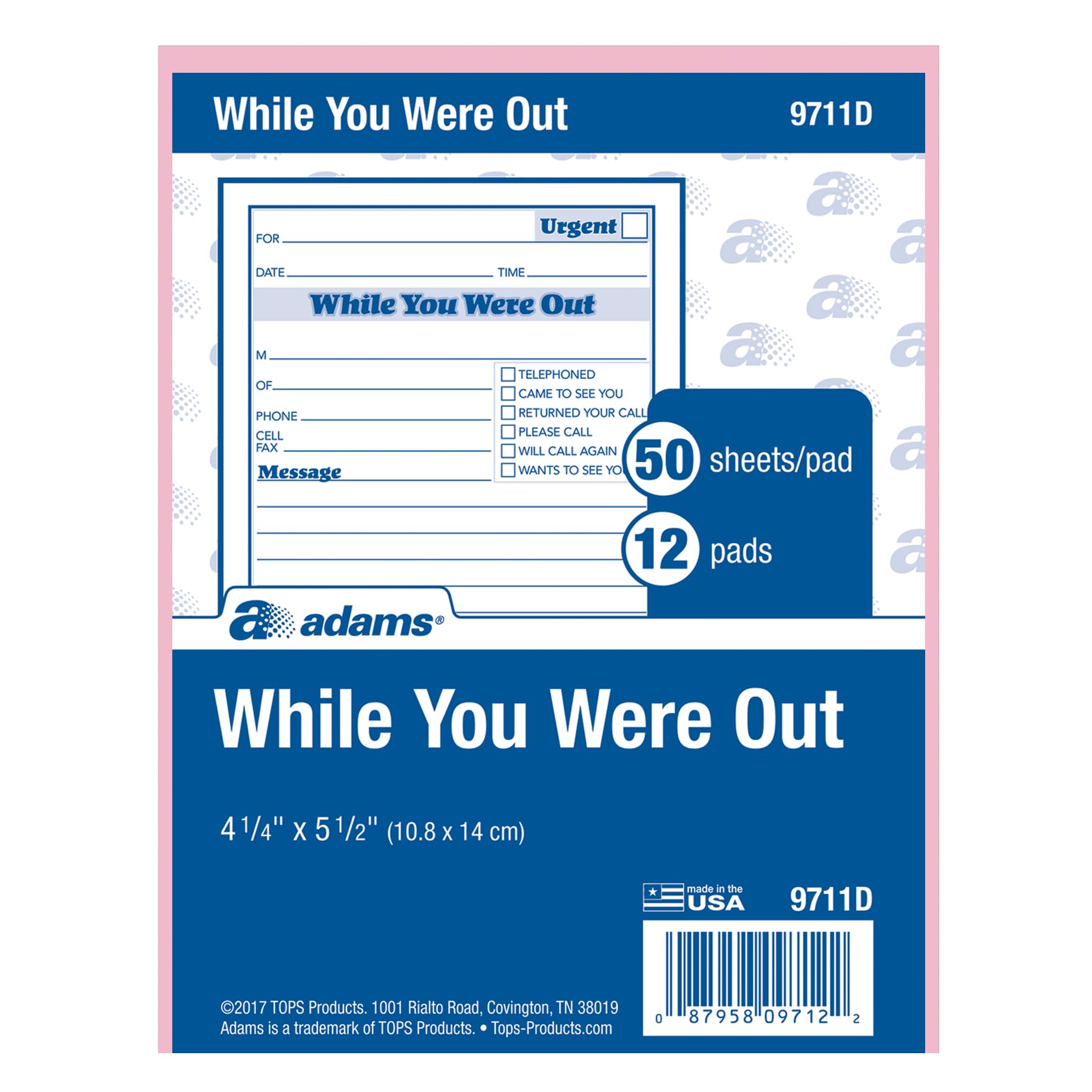 Adams Write 'n Stick While You Were Out Message Pads, 4 x 5 Inches, Pink, 50 Sheets/Pad, 24-Pack (9711)