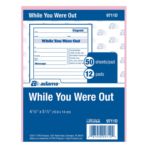 Adams Write 'n Stick While You Were Out Message Pads, 4 x 5 Inches, Pink, 50 Sheets/Pad, 24-Pack (9711)